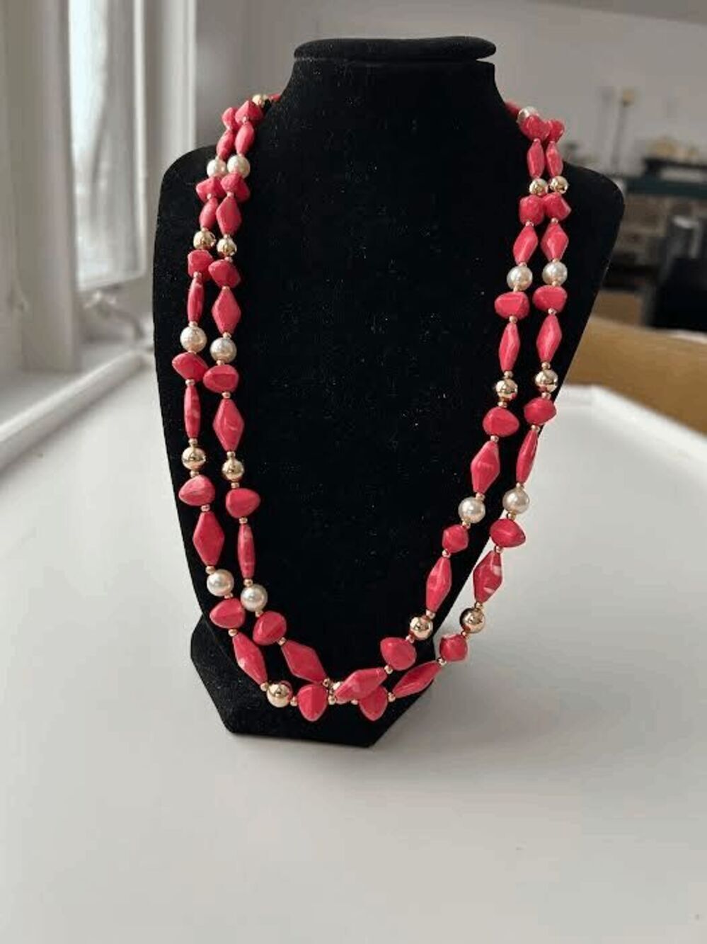 Coral/Pink And Gold Color Long Double Strand Bohemian Necklace 24in boho
